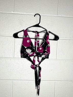 < Y2K Purple/Black Circle Pattern Bikini Swim Top >